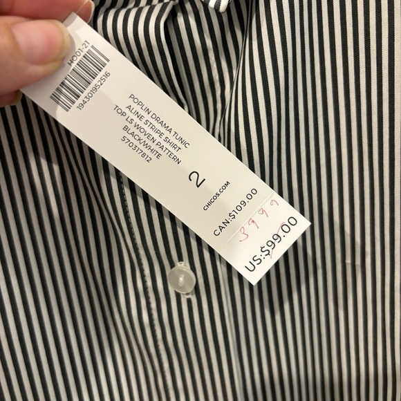 NWT Chicos 2 (large) drama poplin tunic striped button front shirt top - Picture 4 of 11